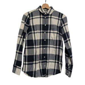 J. Crew Boy Fit Plaid Button-Up Shirt XS Navy & Cream Cotton Womens Casual Long